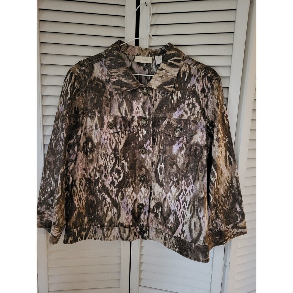 Chico's Women’s 1 (M) Beige Pink Shimmer Linen Snakeskin Button Up Jacket Blazer